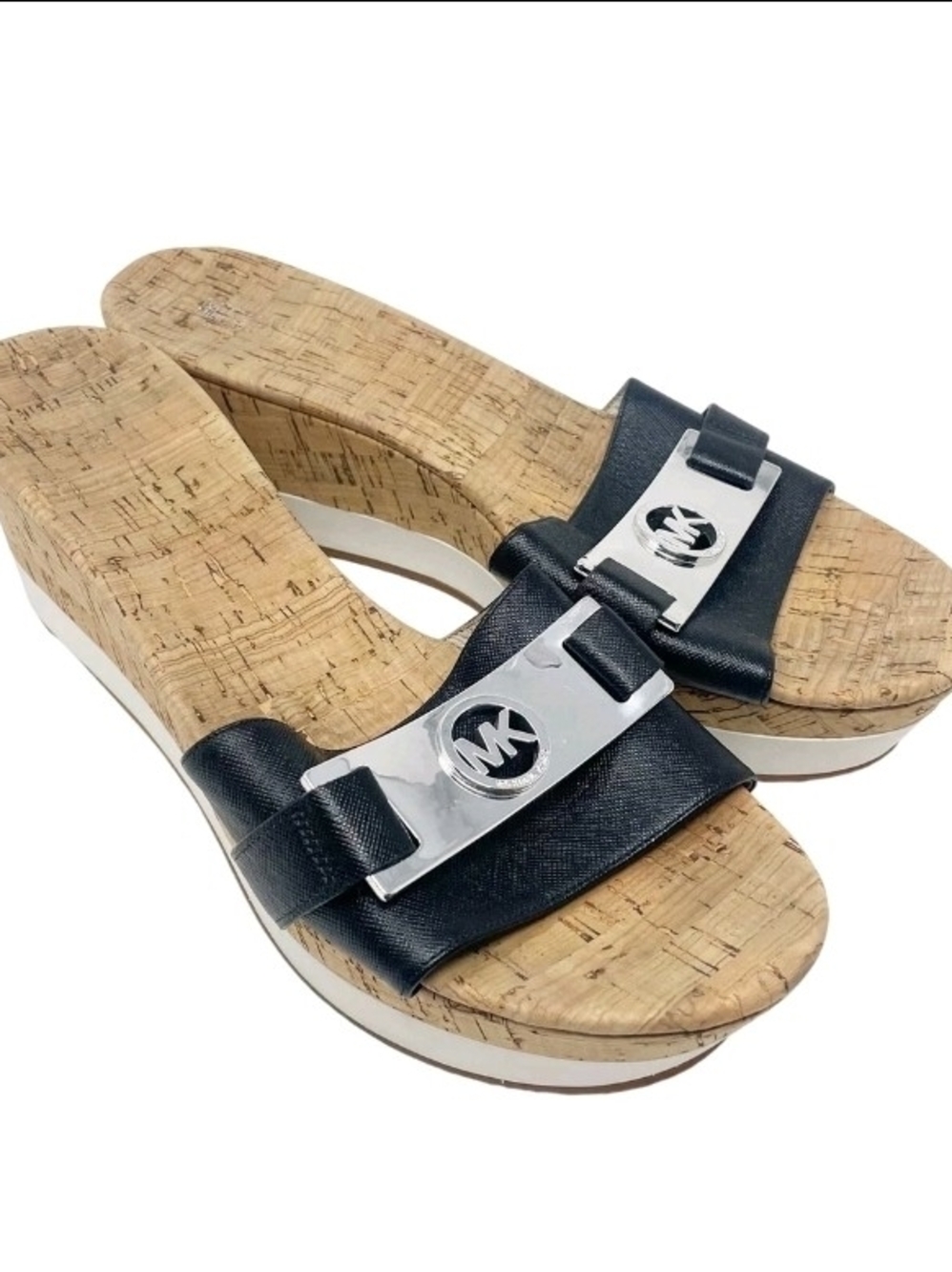 MICHAEL Michael Kors Black Leather Cork Wedge Slide Sandals